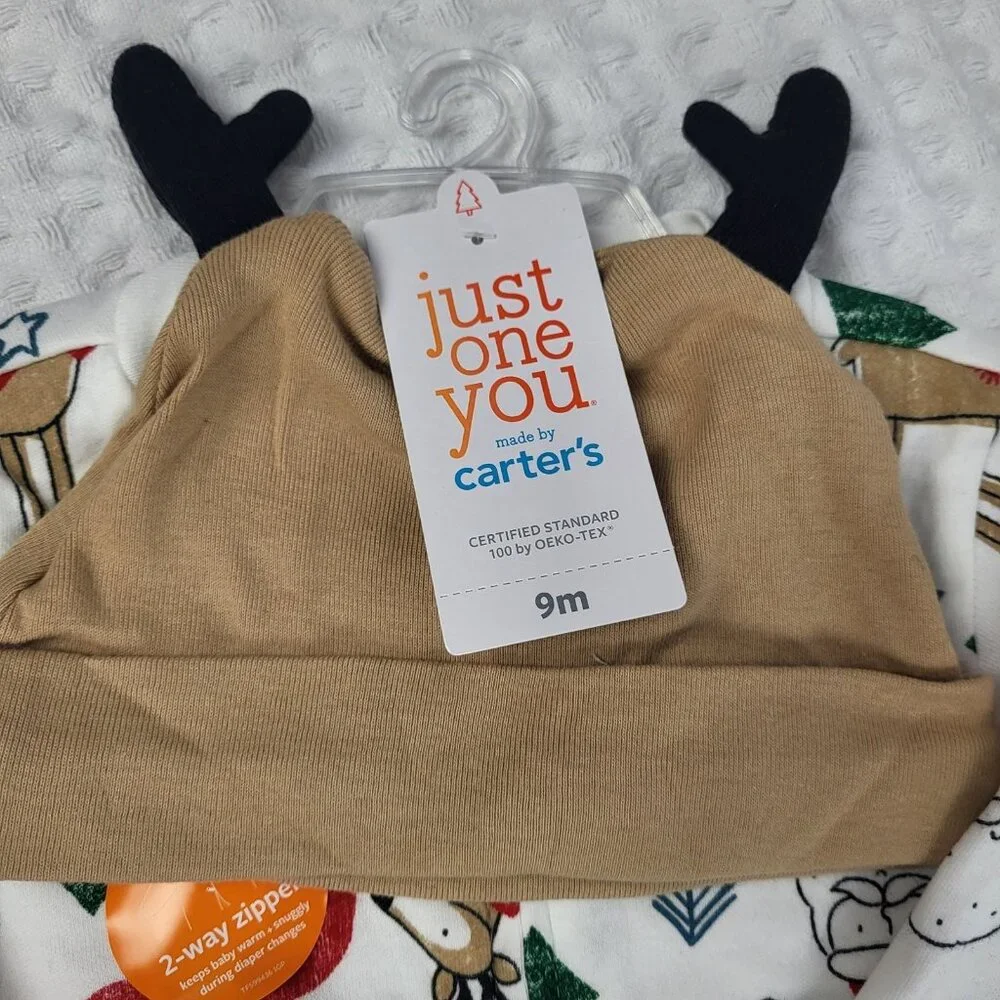 Carters Just One You Christmas Reindeer One Piece Sleeper With Reindeer Hat 9 Mo